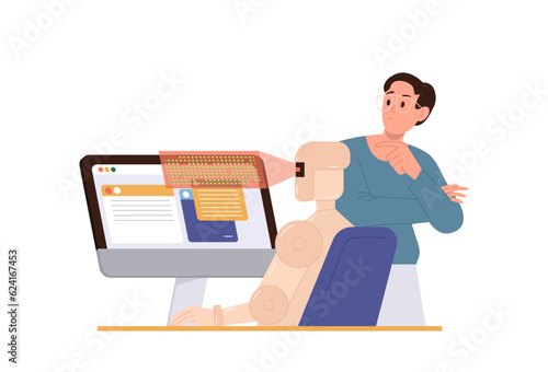 Robot tester searching and finding program bugs, web service mistake, software errors on computer