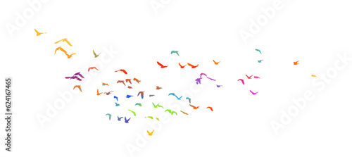 A flock of flying colored birds. Vector illustration