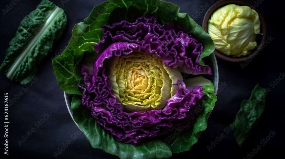 Fototapeta premium cabbage leaf salad top view black background vegan, generated ai
