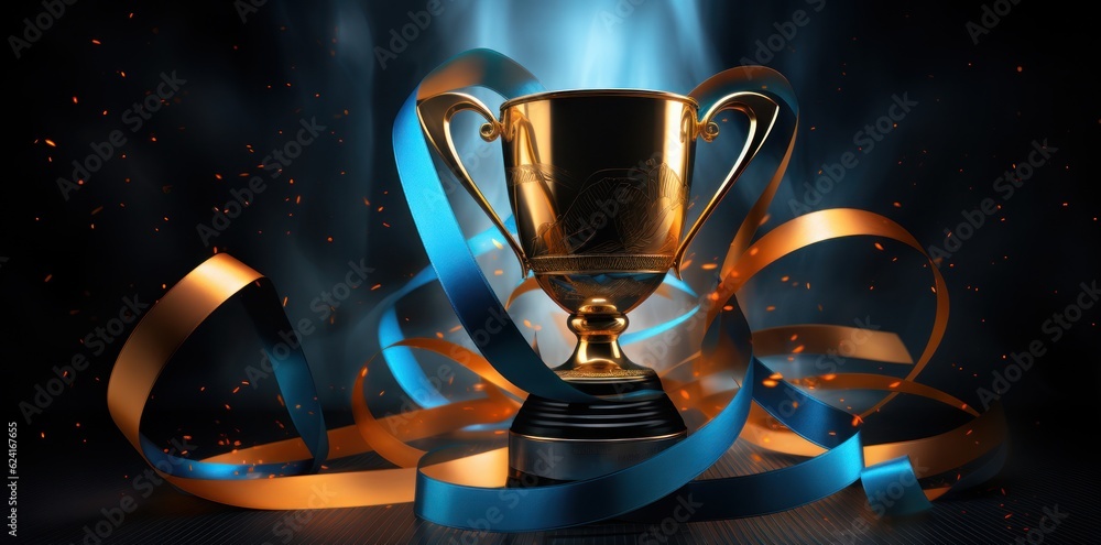 Gold winner trophy on dark background. Illustration AI Generative. Gold winner trophy on dark background. Illustration AI Generative.