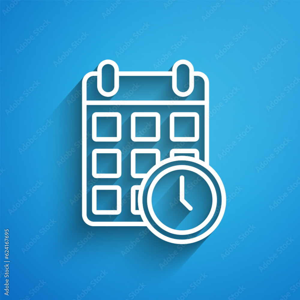 White line Carton cardboard box and fast time delivery icon isolated on blue background. Box, package, parcel sign. Delivery and packaging. Long shadow. Vector White line Carton cardboard box and fast time delivery icon isolated on blue background. Box, package, parcel sign. Delivery and packaging. Long shadow. Vector