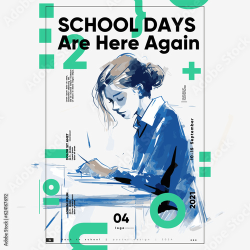Back to School. First day of school. Banner vector illustration background. A young girl reading a book.. Typography poster design and vectorized watercolor illustrations on a background. 