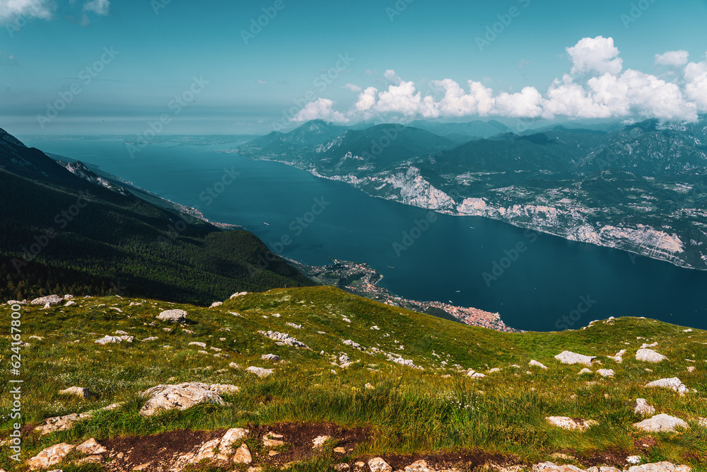 Panoramic view from Monte Baldo on the old town of Malcesine and Lake Garda in Italy.