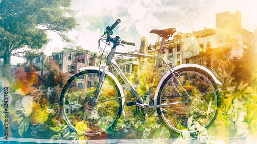 Image à double exposition, promenade à bicyclette dans la ville - Générative iA