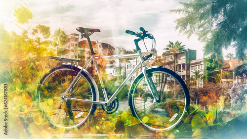 Image à double exposition, promenade à bicyclette dans la ville - Générative iA © Concept Photo Studio