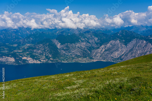 Panoramic view from Monte Baldo of the old town of Limone Sul Garda and Lake Garda in Italy. © Bernhard