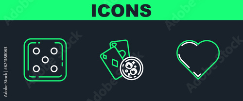 Set line Playing card with heart symbol, Game dice and cards and glass of whiskey cubes icon. Vector