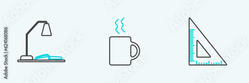 Set line Triangular ruler, Workplace with table lamp and open book and Coffee cup icon. Vector