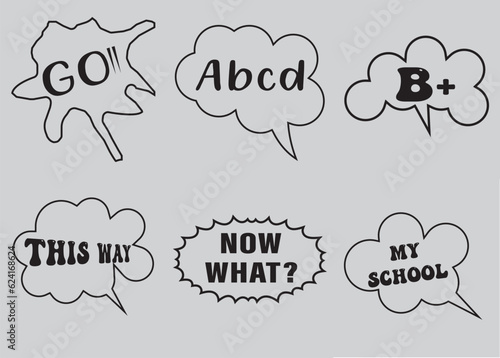 Lettering back school, go, goal, football, super, hey. Set comics book balloon. Bubble speech phrase. Cartoon exclusive font label tag expression. Comic text sound effects. Sounds vector illustration.