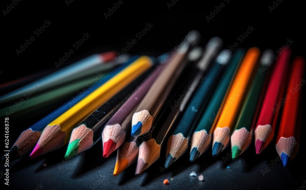 multi-colored pencils on a dark background. Generative AI multi-colored pencils on a dark background. Generative AI