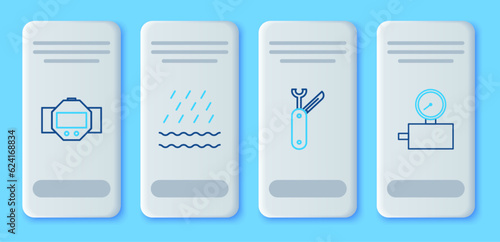 Set line Rain and waves, Swiss army knife, Diving watch and Gauge scale icon. Vector