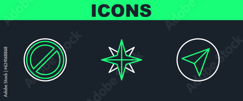 Set line Paper airplane, Stop sign and Wind rose icon. Vector