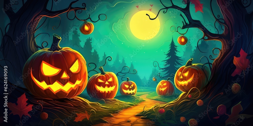 Generative AI. Halloween concept. Scarring childish Vector illustration of pumpkins at night. Generative AI. Halloween concept. Scarring childish Vector illustration of pumpkins at night.