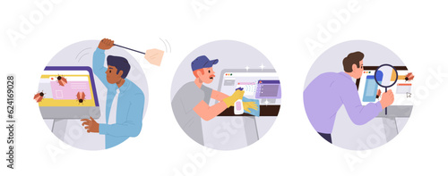 Quality assurance programmer cartoon character at work isolated set of round icon composition