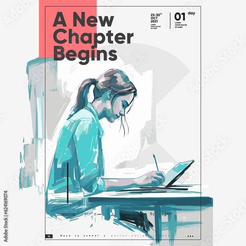 Back to School. First day of school. Banner vector illustration background. A young girl reading a book.. Typography poster design and vectorized watercolor illustrations on a background. 