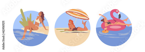Isolated set with round composition of relaxing people having rest on seacoast or swimming pool
