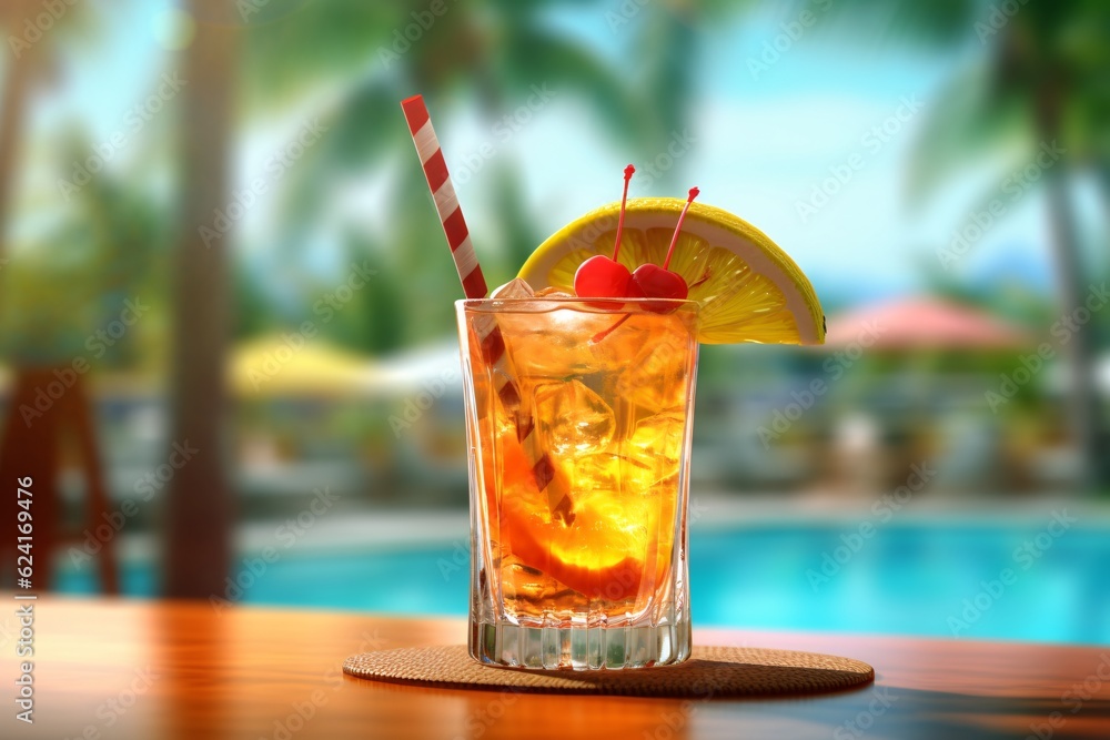 Tropical cocktail, juice and fruits. Tropical fruits and cocktails on the background of the pool. Generative AI technology. Tropical cocktail, juice and fruits. Tropical fruits and cocktails on the background of the pool. Generative AI technology.