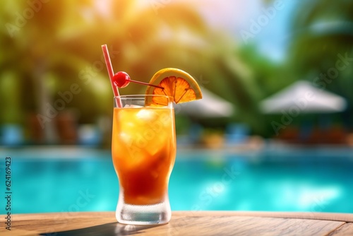 Tropical cocktail, juice and fruits. Tropical fruits and cocktails on the background of the pool. Generative AI technology.