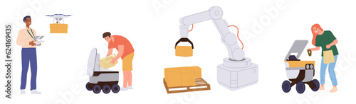 People using robotic arm, remotely controlled technology for parcel and food order delivery