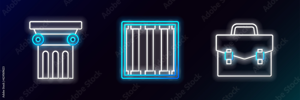 Set line Briefcase, Law pillar and Prison window icon. Glowing neon. Vector Set line Briefcase, Law pillar and Prison window icon. Glowing neon. Vector