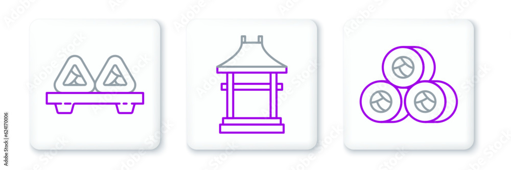 Set line Sushi, on cutting board and Japan Gate icon. Vector Set line Sushi, on cutting board and Japan Gate icon. Vector