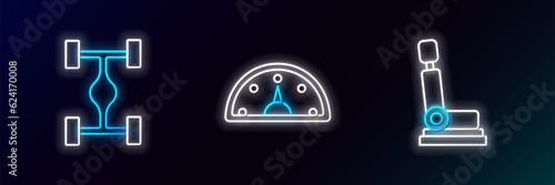 Set line Car seat, Chassis car and Speedometer icon. Glowing neon. Vector