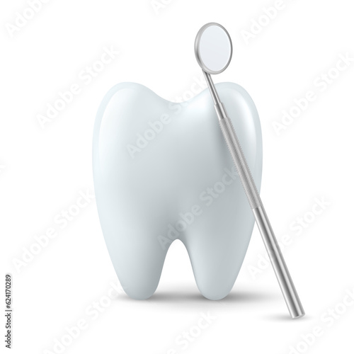 Vector 3d Realistic Dental Inspection Mirror for Teeth with Tooth Icon Closeup Isolated on White Background. Medical Dentist Tool. Design Template  Clipart. Dental Health Concept