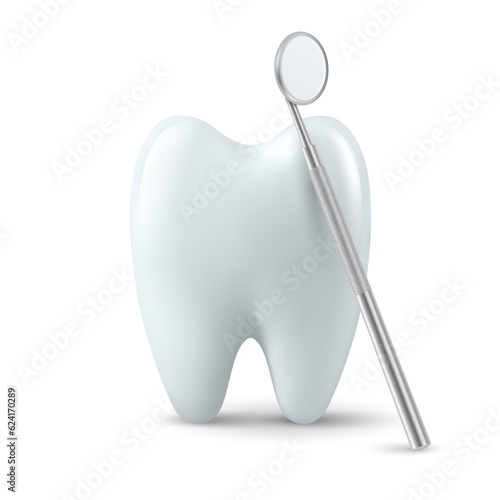Vector 3d Realistic Dental Inspection Mirror for Teeth with Tooth Icon Closeup Isolated on White Background. Medical Dentist Tool. Design Template, Clipart. Dental Health Concept