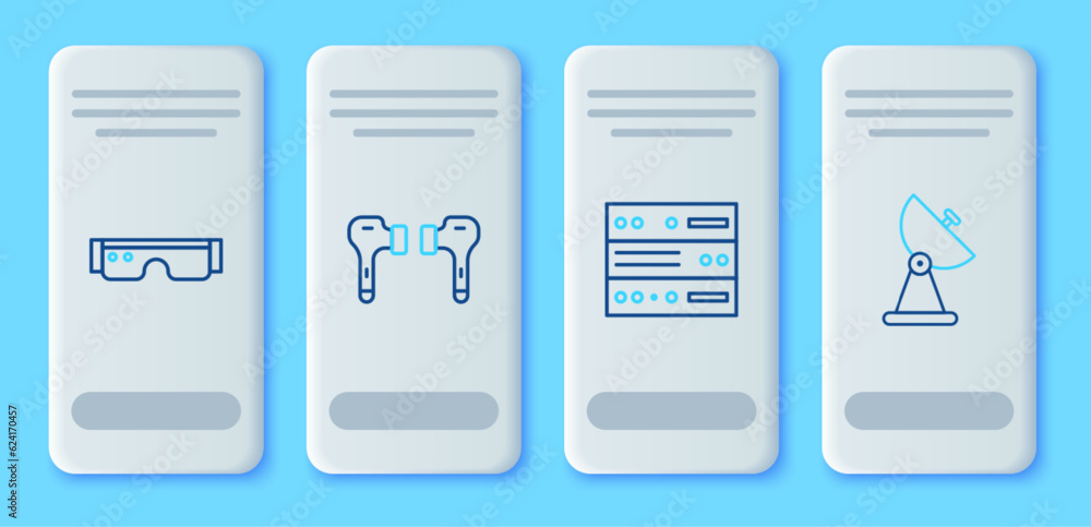 Set line Air headphones, Server, Data, Web Hosting, Smart glasses and Radar icon. Vector Set line Air headphones, Server, Data, Web Hosting, Smart glasses and Radar icon. Vector