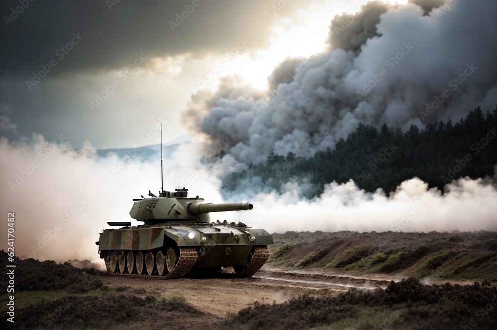 Armored tanks in row crosses a mine field during war, epic scene, forest on background, steam, fog, clouds of dust. Contemporary battlefield. Modern war. Special military operation. Generative AI