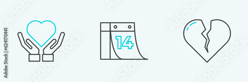 Set line Broken heart or divorce, Heart on hand and Calendar with February 14 icon. Vector