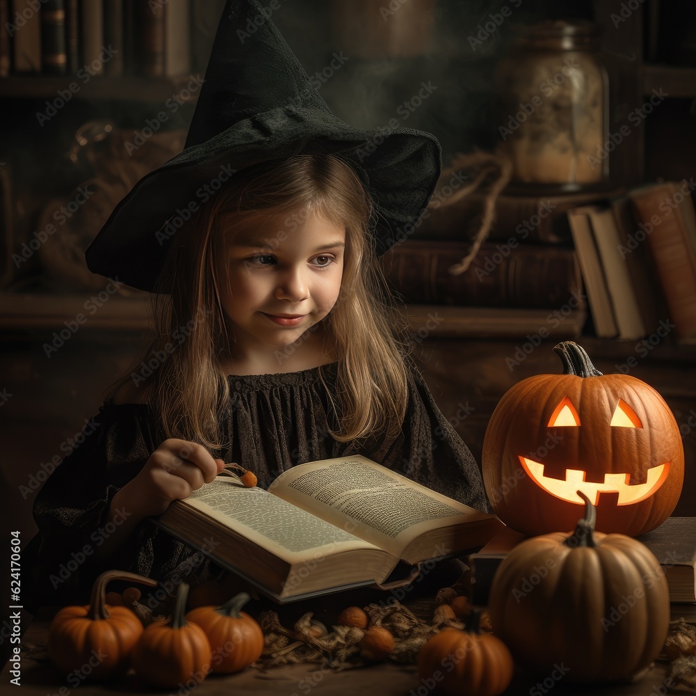 Celebrating Halloween. Little girl dressed as a witch on a Halloween party. Image generated by artificial intelligence Celebrating Halloween. Little girl dressed as a witch on a Halloween party. Image generated by artificial intelligence