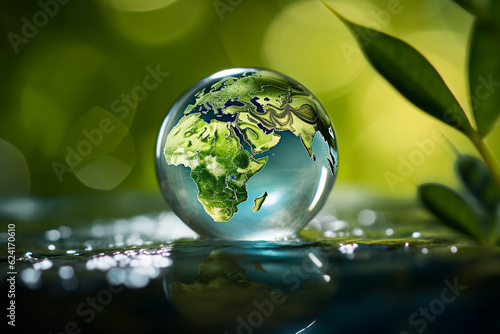 Earth in water drop reflection on a green leaf  Save the Earth  one drop at a time. Generative AI
