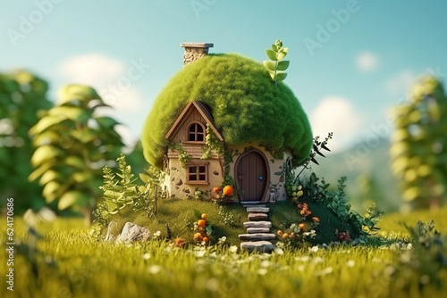 Little Eco House on the green grass Realistic photo symbolizing eco-friendly living. Generative AI
