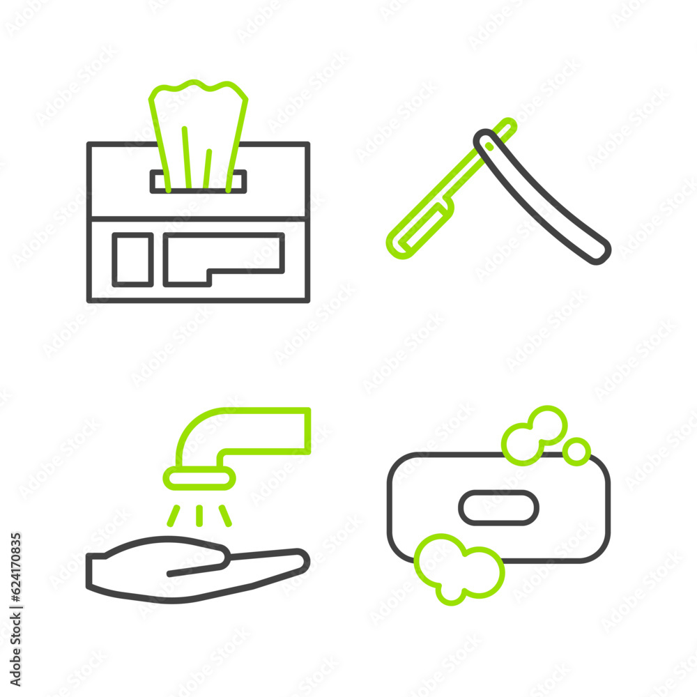 Set line Bar of soap, Washing hands with, Straight razor and Wet wipe pack icon. Vector