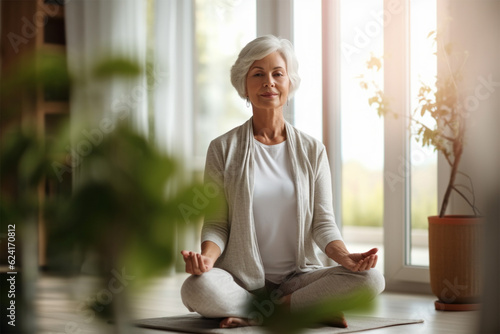 Senor woman with short gray hair is engaged in meditating on a mat at home. The concept of an attractive beautiful elderly woman, a mature woman with an active lifestyle.Generative AI 
