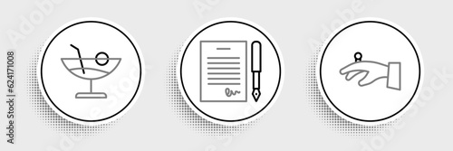 Set line Wedding rings on hand, Cocktail and Marriage contract icon. Vector