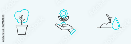 Set line Watering sprout, Tree pot and Hand holding flower icon. Vector