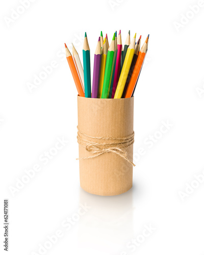 Colored pencils in a craft pencil case isolated on a white background. Children's creativity. Drawing concept. Element for design