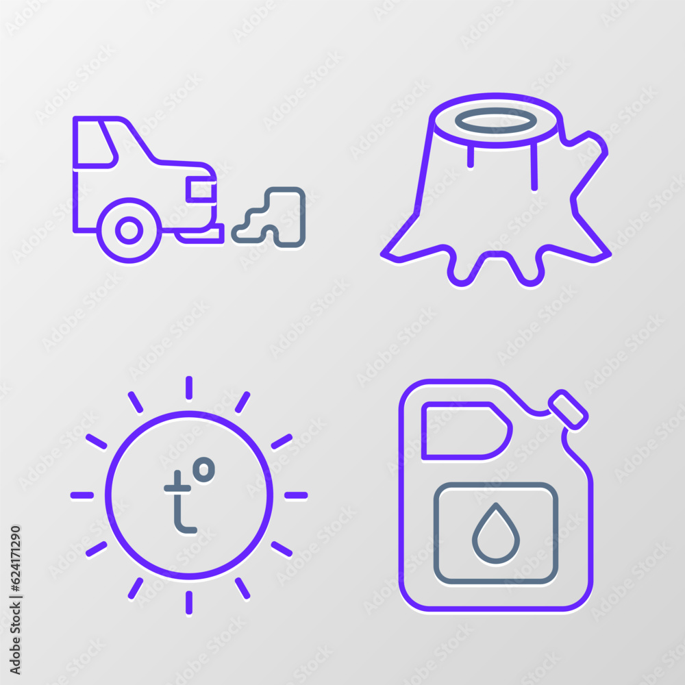 Set line Canister for gasoline, Sun, Tree stump and Car exhaust icon. Vector Set line Canister for gasoline, Sun, Tree stump and Car exhaust icon. Vector