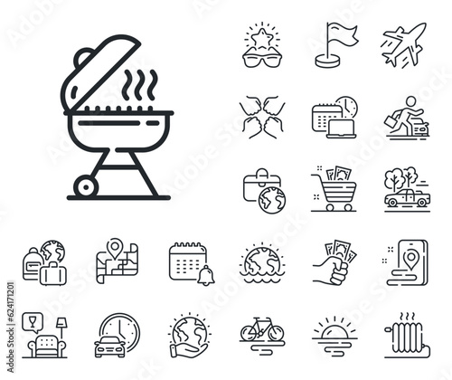 Barbecue cooker for cooking food sign. Plane jet, travel map and baggage claim outline icons. Grill line icon. Hot meat brazier symbol. Grill line sign. Car rental, taxi transport icon. Vector
