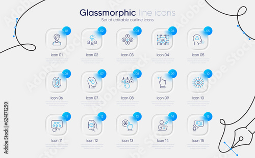Set of Depression treatment, Fingerprint and Correct checkbox line icons for web app. Businesswoman person, Vaccination appointment, Freezing click icons. 3d app, Video conference. Vector