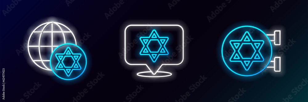 Set line Jewish synagogue, World Globe and Israel and Star of David icon. Glowing neon. Vector Set line Jewish synagogue, World Globe and Israel and Star of David icon. Glowing neon. Vector