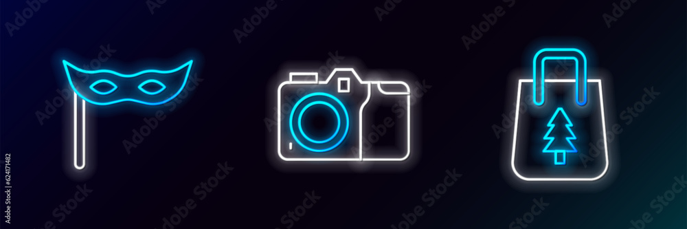 Set line Christmas shopping bag, Festive mask and Photo camera icon. Glowing neon. Vector Set line Christmas shopping bag, Festive mask and Photo camera icon. Glowing neon. Vector
