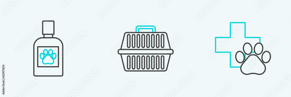 Set line Veterinary clinic symbol, Dog medicine bottle and Pet carry case icon. Vector Set line Veterinary clinic symbol, Dog medicine bottle and Pet carry case icon. Vector