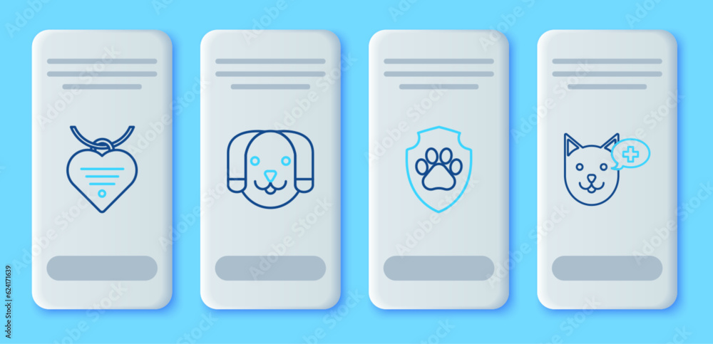 Set line Dog, Animal health insurance, Collar with name tag and heart and Veterinary clinic symbol icon. Vector