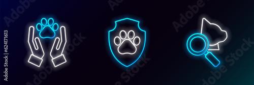 Set line Veterinary clinic symbol, Hands with animals footprint and Animal health insurance icon. Glowing neon. Vector