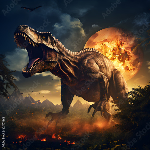 Tyrannosaurus Rex in lush valley with volcano and full moon © Hector