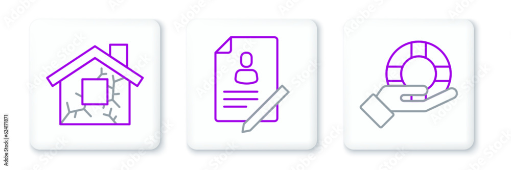 Set line Lifebuoy in hand, House and Document with shield icon. Vector Set line Lifebuoy in hand, House and Document with shield icon. Vector