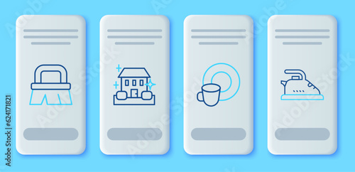 Set line Home cleaning service, Washing dishes, Brush for and Electric iron icon. Vector